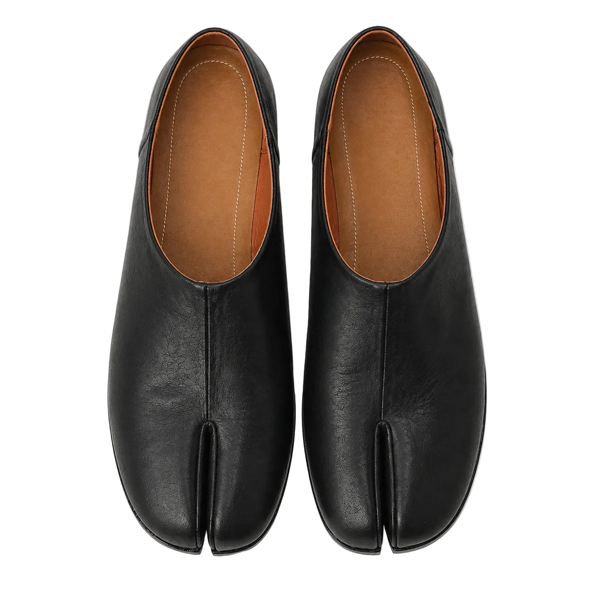 Pair of black leather ARTOIS Tabi Classic shoes with split toe and tan leather lining, top view on white background