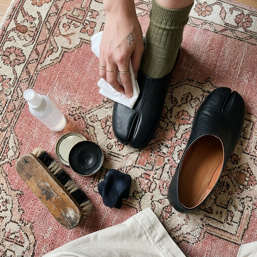 Hand polishing black leather tabi shoes on a vintage rug with shoe brush, polish tin and cleaning spray