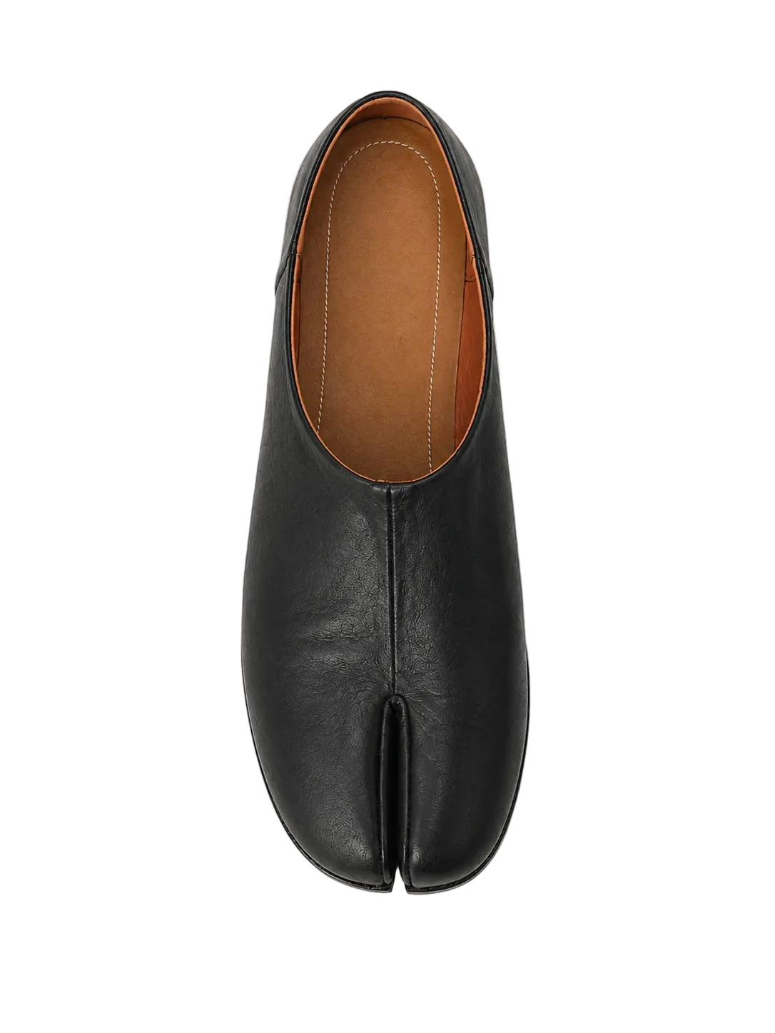 Black leather tabi shoe with brown lining on a white background