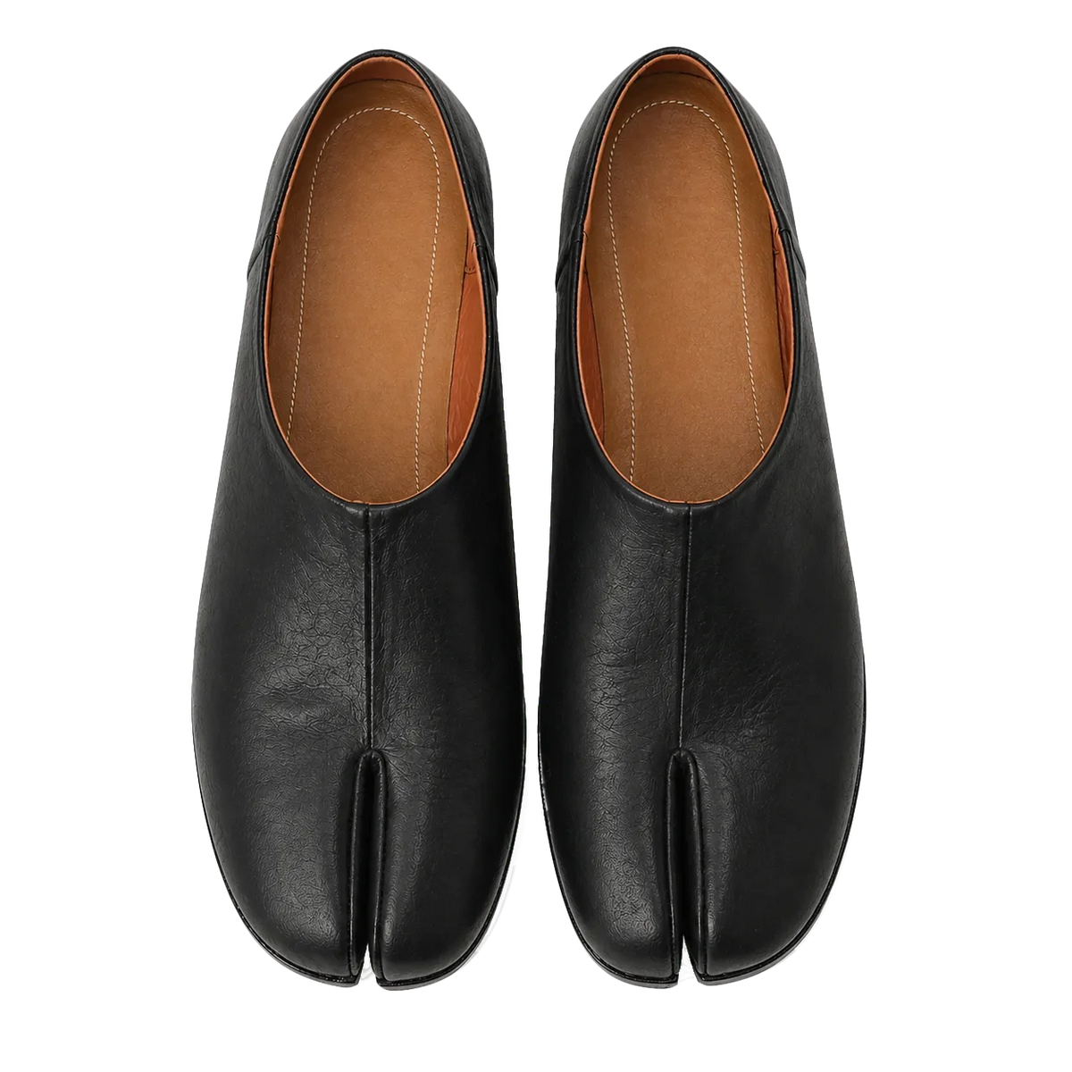 Pair of black leather ARTOIS tabi shoes with tan lining, top view on white background